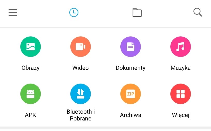 Menu i zakładki widoczne po otwarciu Menedżera plików. Niebieska ikona (druga od lewej w drugim rzędzie od góry) to miejsce, w którym znajdziemy wszystkie pobrane pliki niezależnie od ich rozszerzenia. /zrzut ekranu/Xiaomi/ /materiał zewnętrzny