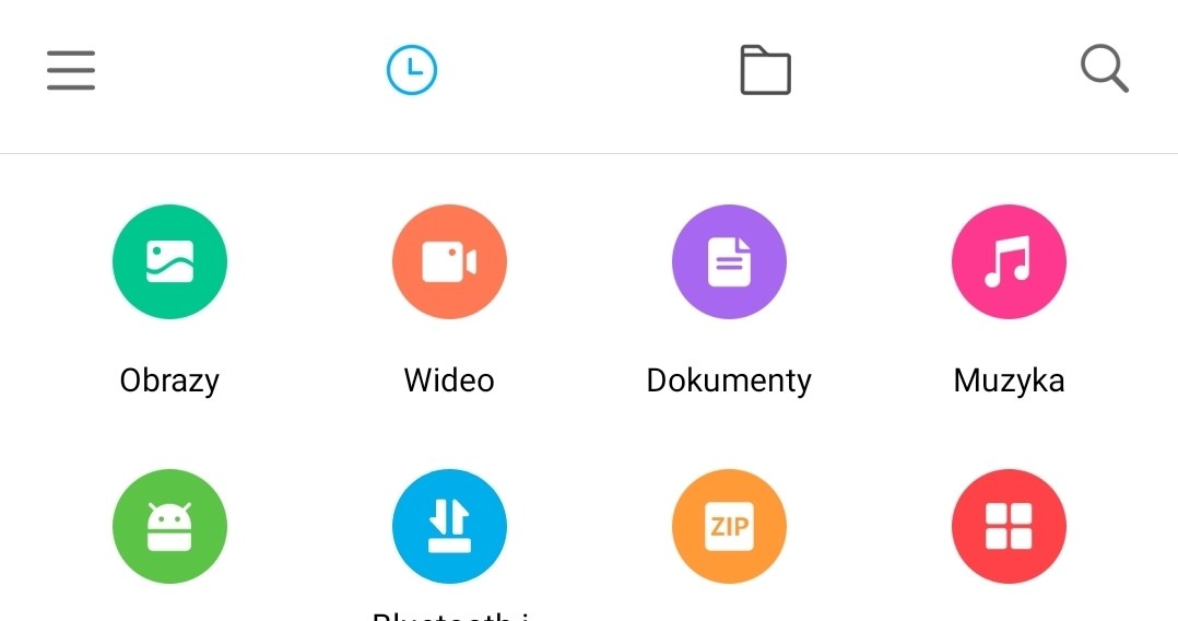 Menu i zakładki widoczne po otwarciu Menedżera plików. Niebieska ikona (druga od lewej w drugim rzędzie od góry) to miejsce, w którym znajdziemy wszystkie pobrane pliki niezależnie od ich rozszerzenia. /zrzut ekranu/Xiaomi/ /materiał zewnętrzny