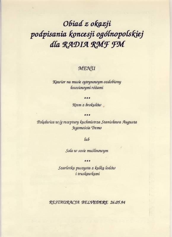 Menu kolacji po otrzymaniu koncesji - Restauracja Belvedere /Archiwum RMF FM