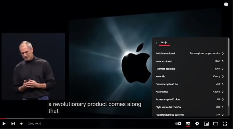 Menu "Opcje" /Zrzut ekranu/YouTube/"Steve Jobs introduces iPhone in 2007" /materiał zewnętrzny