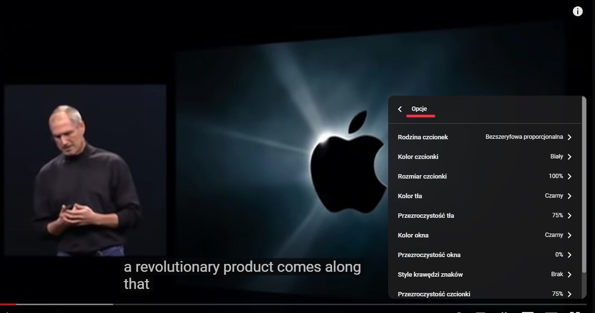 Menu "Opcje" /Zrzut ekranu/YouTube/"Steve Jobs introduces iPhone in 2007" /materiał zewnętrzny