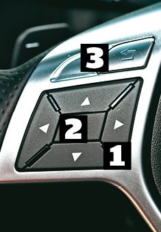 Mercedes Klawisze ze strzałkami [1] pozwalają poruszać się po dwuwymiarowym menu komputera. Klawisz [2] zatwierdza wybór, a [3] to wyjście z menu. /Motor