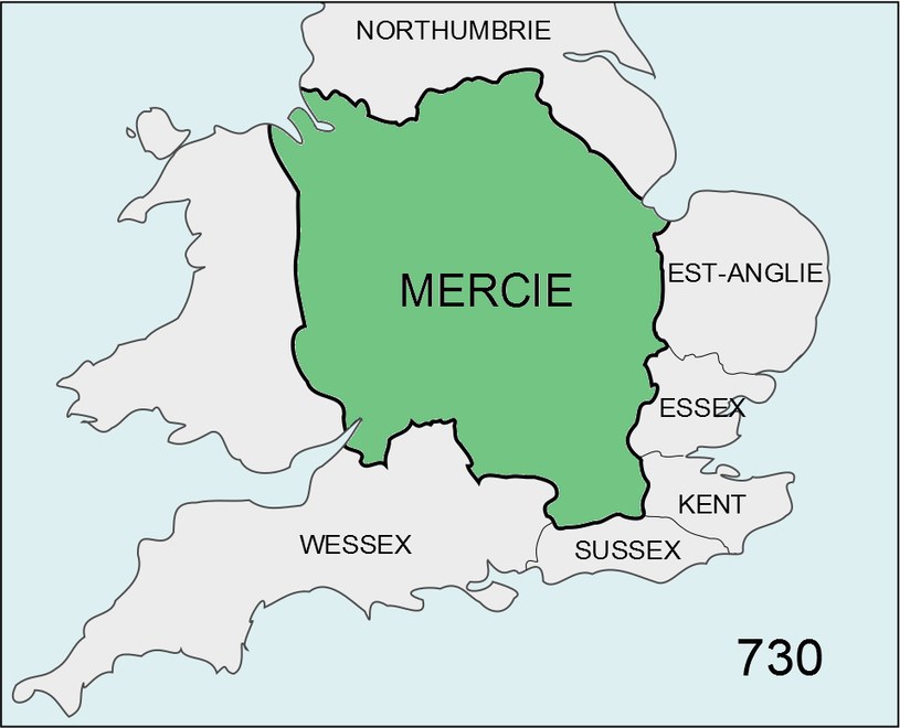 Mercja i inne królestwa heptarchii /Hel-hama [ Creative Commons Attribution-Share Alike 3.0 Unporte] /Wikimedia