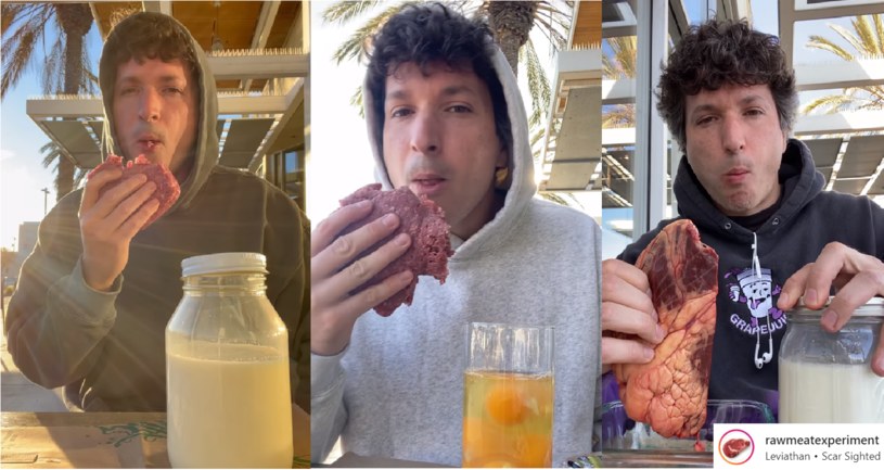 Mężczyzna nagrywa tzw. Rolki na Instagramie, na których pokazuje, jak je surowe mięso /Instagram