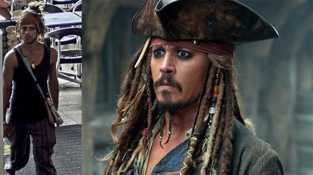 Mężczyzna przebrany za pirata (L) chciał dostać się na plan "Piratów...". Co na to Jack Sparrow? /