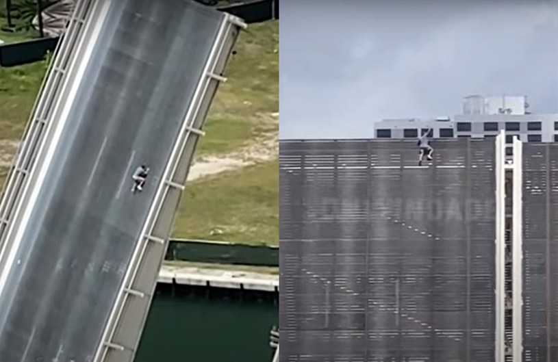 Mężczyzna z Florydy wspiął się na most w Miami, gdy ten był podnoszony /CBS/WPLG /YouTube