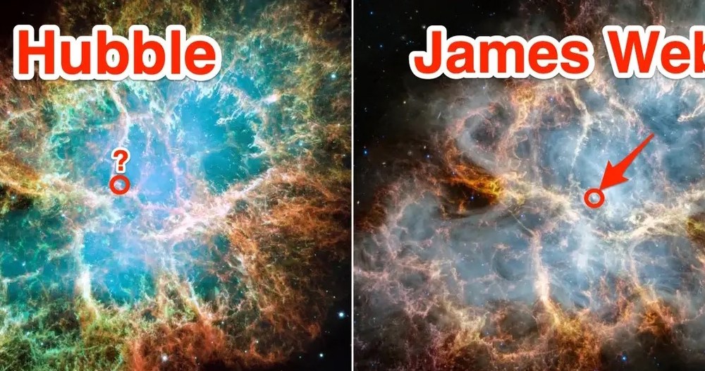Mgławica Kraba na zdjęciach z Kosmicznego Teleskopu Hubble'a (po lewej) i Jamesa Webba (po prawej) /Hubble Image: NASA, ESA, J. Hester, A. Loll (Arizona State University); Webb Image: NASA, ESA, CSA, STScI, T. Temim (Princeton University) /materiał zewnętrzny