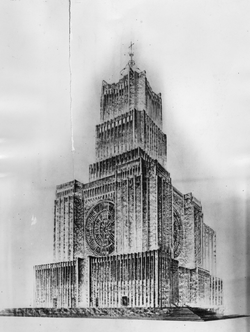 Międzywojenna Świątynia Opatrzności Bożej wyglądała jak nowojorski wieżowiec. Miała być najwyższym budynkiem Polski... /Z archiwum Narodowego Archiwum Cyfrowego