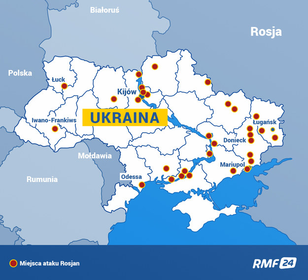 Miejsca pierwszej fazy ataku na Ukrainę. /RMF24