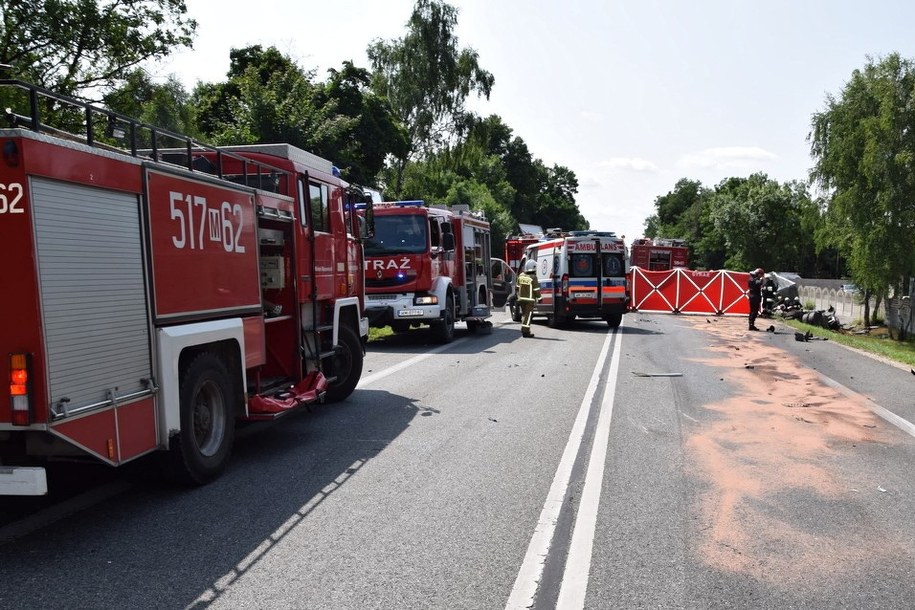 Miejsce czołowego zderzenia pojazdu osobowego oraz ciężarówki na drodze krajowej nr 50 w miejscowości Grębiszew /KP PSP Mińsk Mazowiecki /PAP