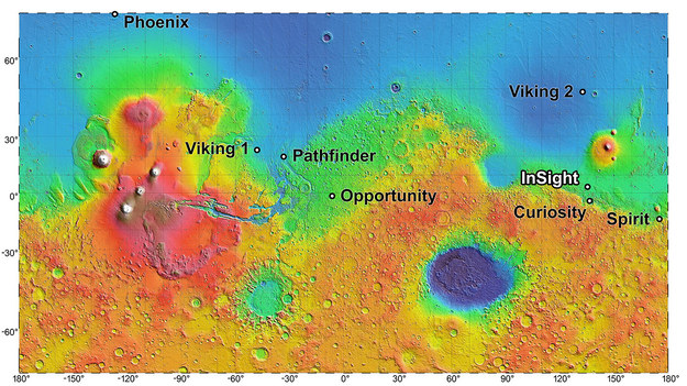 Miejsce lądowania InSight, w odniesieniu do lądowisk wcześniejszych sond marsjańskich /NASA/JPL-Caltech /Materiały prasowe