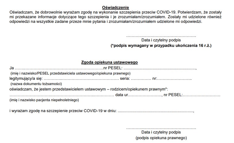 Miejsce na zgodę opiekuna ustawowego w kwestionariuszu szczepień nastolatków /Screen ze strony gov.pl/SzczepimySie /INTERIA.PL