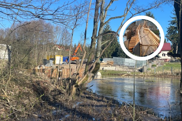 Miejsce, w którym stała kładka. W ramce archiwalne zdjęcie kładki od mieszkańca Kręgu /Stanisław Pawłowski/Mieszkaniec Kręgu /