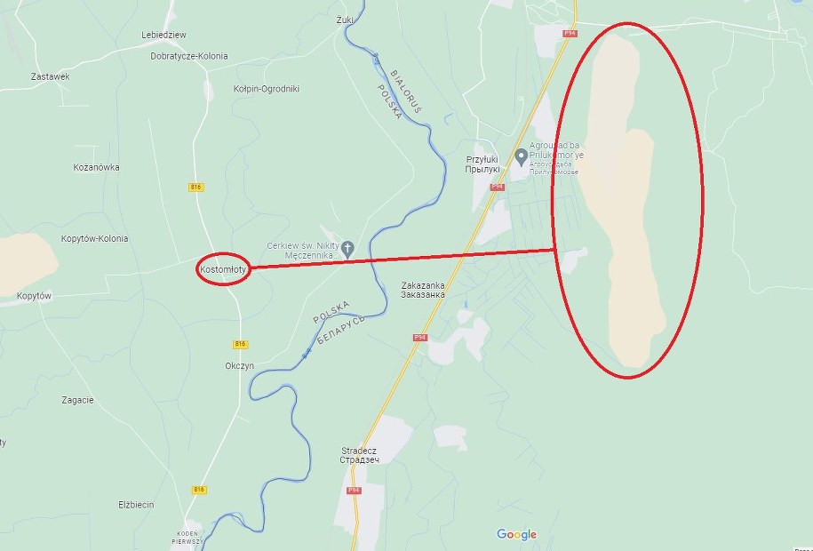 Miejscowość Kostomłoty w woj. lubelskim od poligonu brzeskiego dzieli odległość nieco ponad 2 kilometrów /Google Maps /