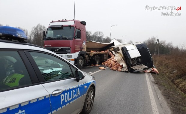 Mięso wieprzowe wysypało się na jezdnię. Utrudnienia w Rudzie Śląskiej