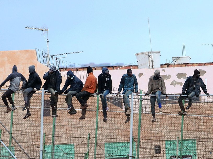 Migranci siedzący na ogrodzeniu między hiszpańską enklawą Melillą i Marokiem - zdjęcie z 2015 roku, ilustracyjne /AFP