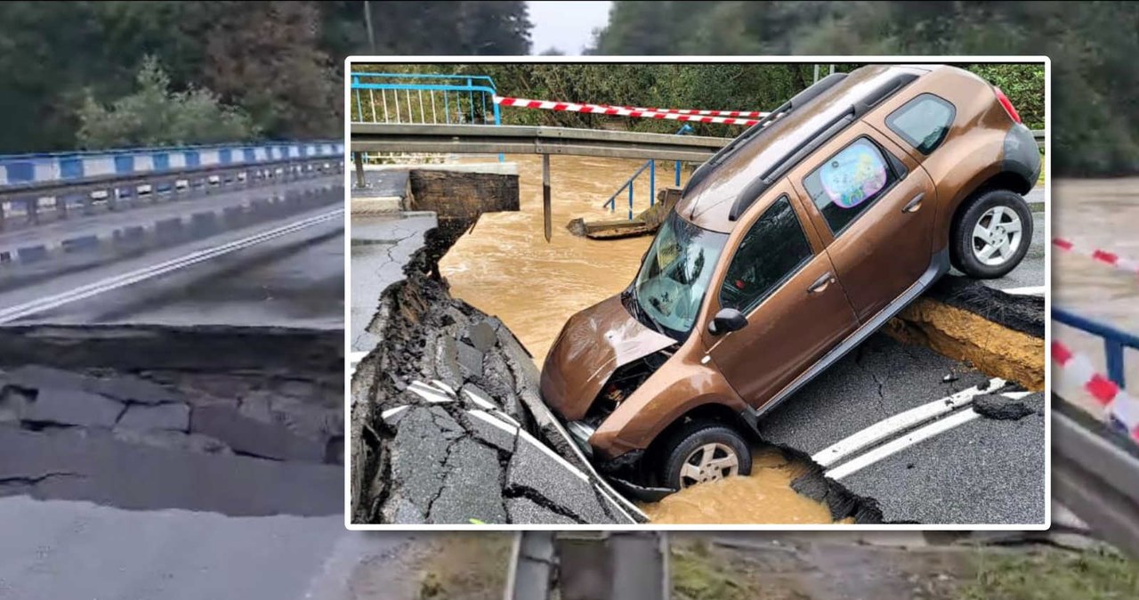 Mimo ostrzeżeń strażaków, kierujący Dacią wjechał na zarwany most na DK45 /fot. policja Krapkowice /