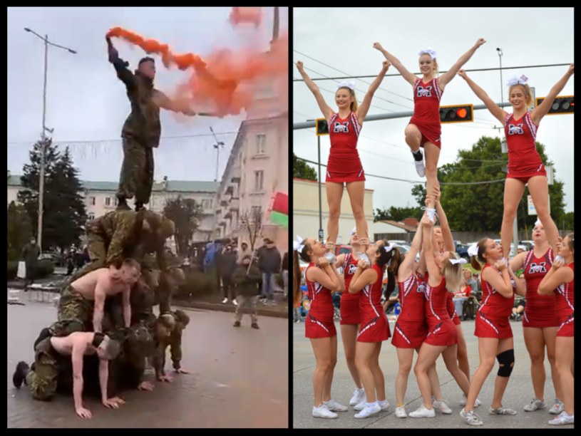 Mimo że efekt nie jest tak spektakularny, jak pierwowzór, to cheerleaderki Łukaszenki można docenić za starania /@nexta_tv /Twitter