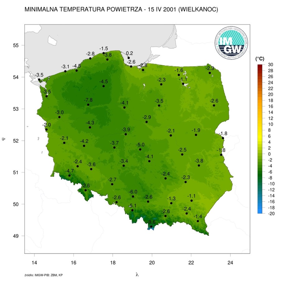 Minimalna temperatura powietrza 15 kwietnia 2001 roku (Wielkanoc) /Instytut Meteorologii i Gospodarki Wodnej - IMGW PIB /