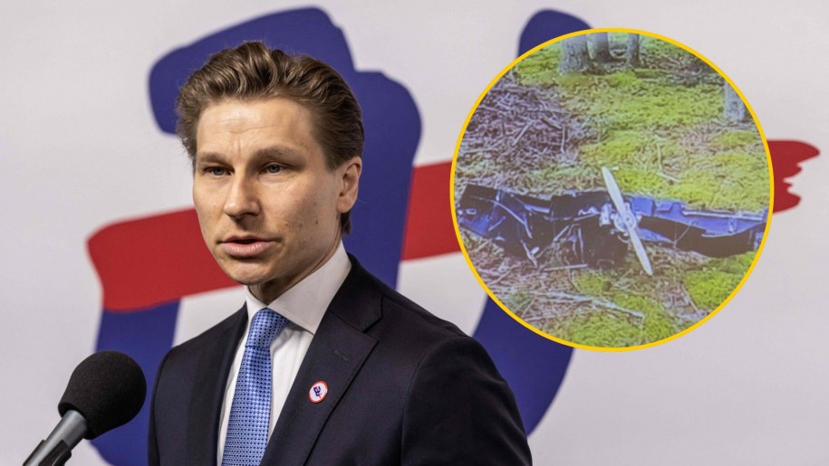 Minister obrony Finlandii Antti Hakkanen (L; fot. WOJTEK RADWANSKI/AFP/East News) / zdjęcie drona zaprezentowane podczas konferencji prasowej po incydencie w okolicy miasta Kouvola (P; SASU JARNSTEDT/AFP/East News) /East News