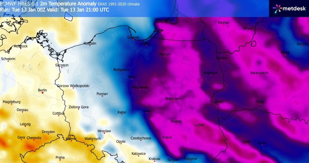 Mocna ujemna anomalia pogodowa utrzyma się w centralnej i wschodniej Polsce. Na zachodzie zrobi się znacznie cieplej i nastąpi odwilż /WXCharts /