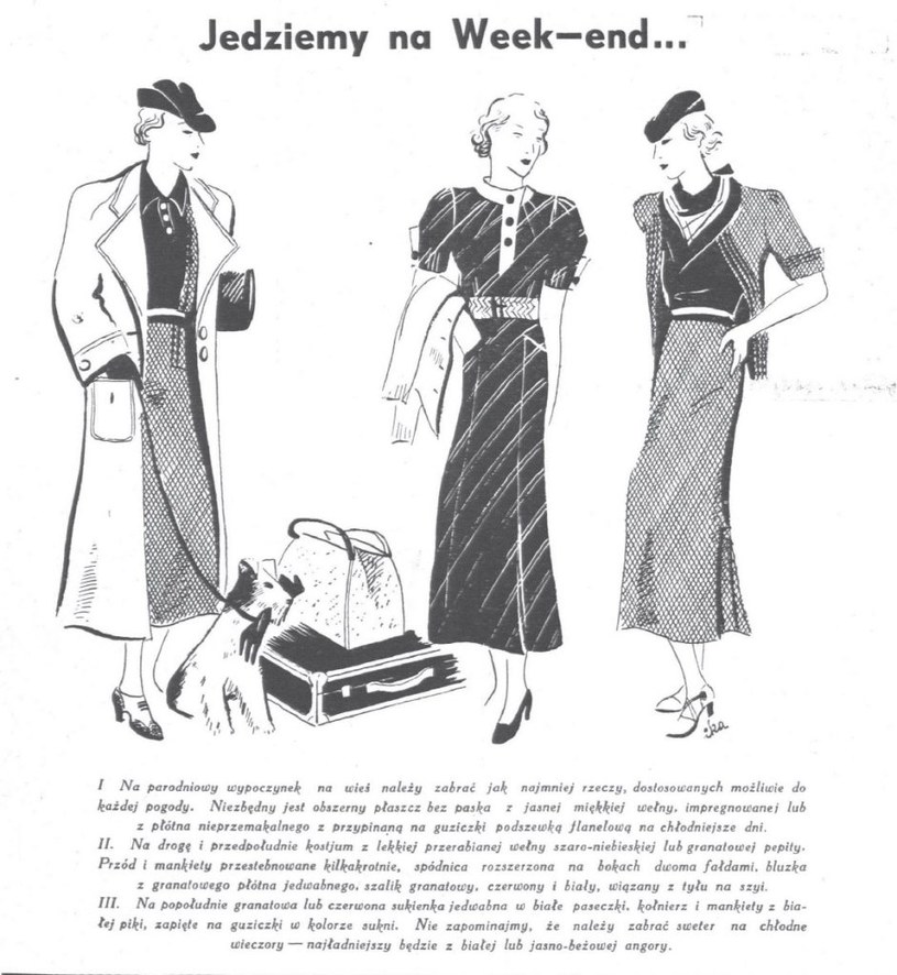 Modne ubiory pań na wyjazd weekendowy w 1935 roku, „Pani Domu” 1935, nr 5, s. 107 /