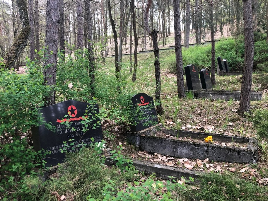 Mogiły polskich i radzieckich żołnierzy znajdują się na zboczu wzgórza, wieńczy je obelisk z wciąż widoczną w jego centralnej części czerwoną gwiazdą - symbolem Związku Radzieckiego /Mateusz Chłystun /RMF FM