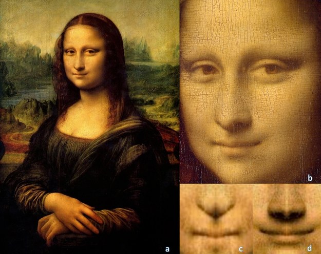 Mona Lisa Leonarda da Vinci. W prawym dolnym rogu odbicia lustrzane lewej i prawej strony uśmiechu modelki /Musee du Louvre, Paris /Materiały prasowe
