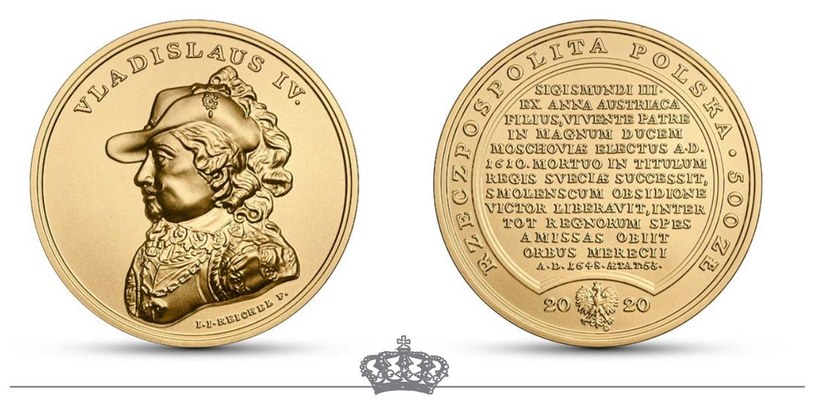 Moneta kolekcjonerka NBP: Skarby Stanisława Augusta - Władysław IV, 500 zł, rewers (L) i awers (P) /NBP