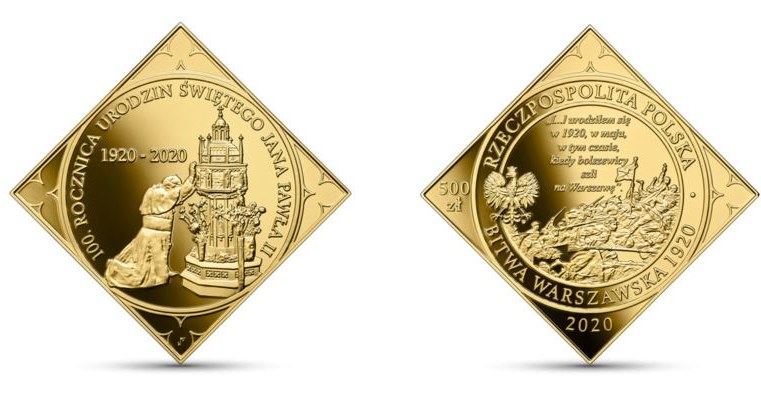 Moneta kolekcjonerska "100. rocznica urodzin Świętego Jana Pawła II", 500 zł, rewers (L) i awers (P) /NBP