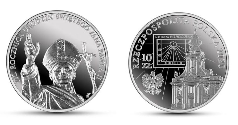 Moneta kolekcjonerska "100. rocznica urodzin Świętego Jana Pawła II", 10 zł, rewers (L) i awers (P) /NBP