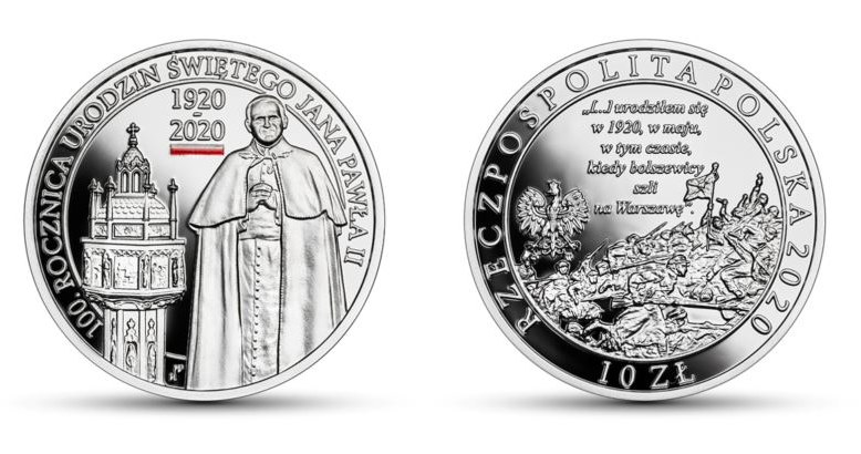 Moneta kolekcjonerska "100. rocznica urodzin Świętego Jana Pawła II", 10 zł, rewers (L) i awers (P) /NBP
