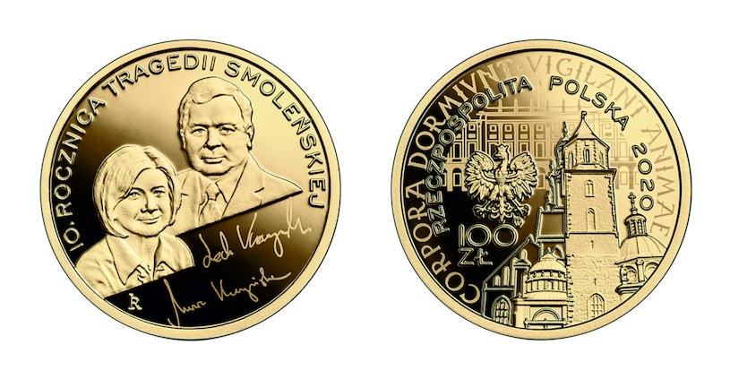 Moneta kolekcjonerska NBP - 10. rocznica tragedii smoleńskiej, 100 zł, rewers (L) i awers (P) /NBP