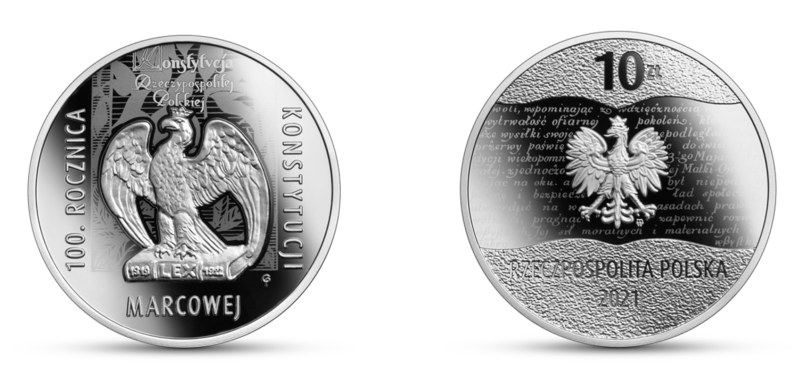 Moneta kolekcjonerska NBP: 100. rocznica Konstytucji marcowej, 10 zł, rewers (L) i awers (P) /NBP