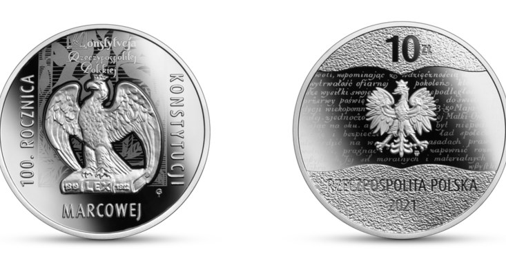 Moneta kolekcjonerska NBP: 100. rocznica Konstytucji marcowej, 10 zł, rewers (L) i awers (P) /NBP