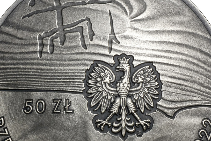 Moneta kolekcjonerska NBP: 100. rocznica odkrycia zespołu pradziejowych kopalni krzemienia pasiastego "Krzemionki", 10 zł, detal awersu /NBP