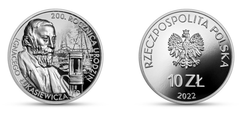 Moneta kolekcjonerska NBP: 200. rocznica urodzin Ignacego Łukasiewicza, 10 zł, rewers (L) i awers (P) /NBP