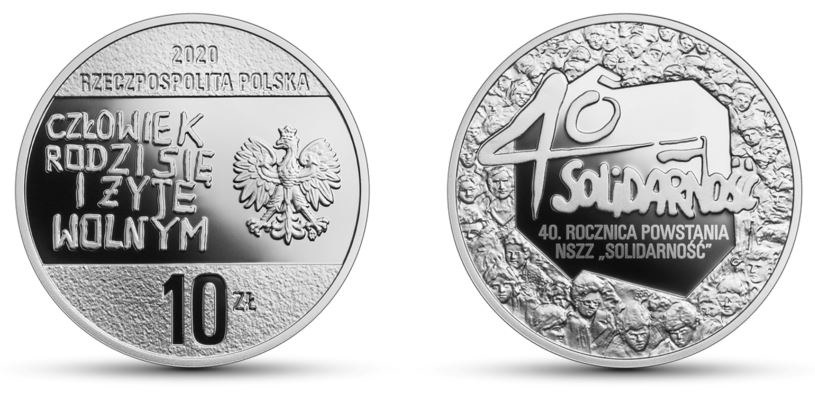Moneta kolekcjonerska NBP: 40. rocznica powstania NSZZ „Solidarność”, 10 zł, awers (L) i rewers (P) /NBP