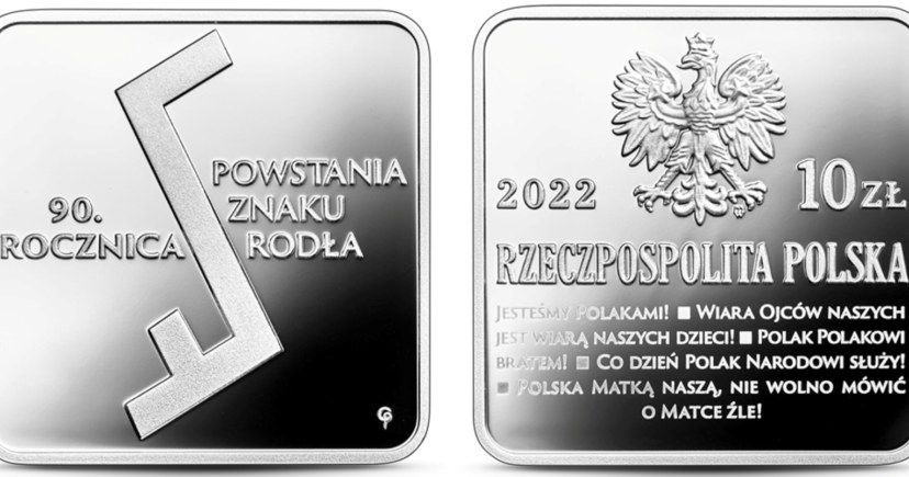 Moneta kolekcjonerska NBP: 90. rocznica powstania Znaku Rodła, 10 zł, rewers (L) i awers (P) /NBP