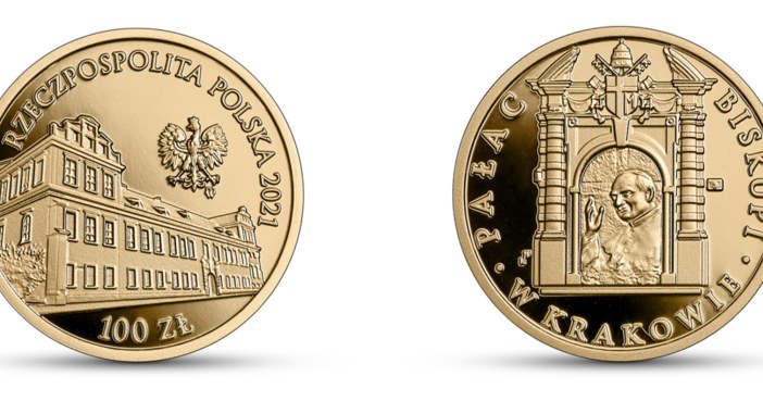 Moneta kolekcjonerska NBP: Pałac Biskupi w Krakowie, 100 zł, awers (L) i rewers (P) /NBP