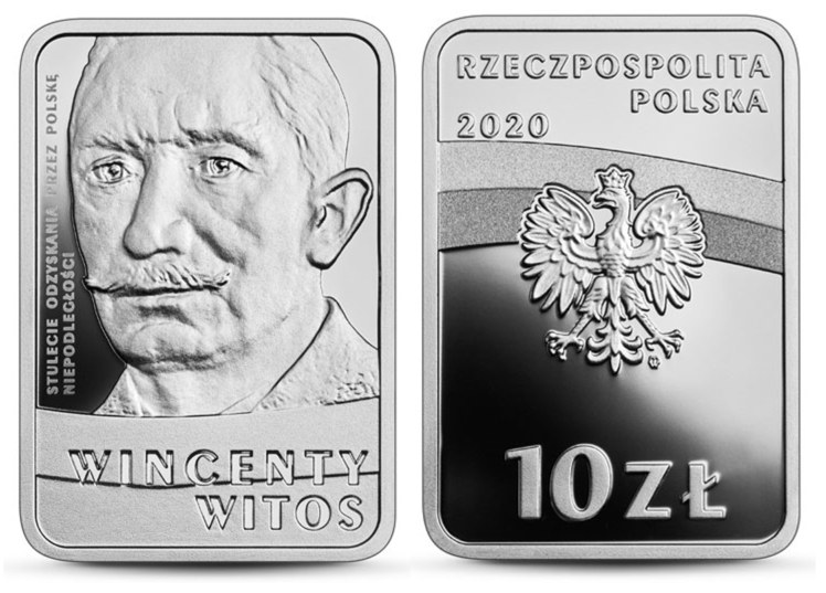 Moneta kolekcjonerska NBP: Stulecie odzyskania przez Polskę niepodległości - Wincenty Witos, 10 zł, rewers (L) i awers (P) /NBP