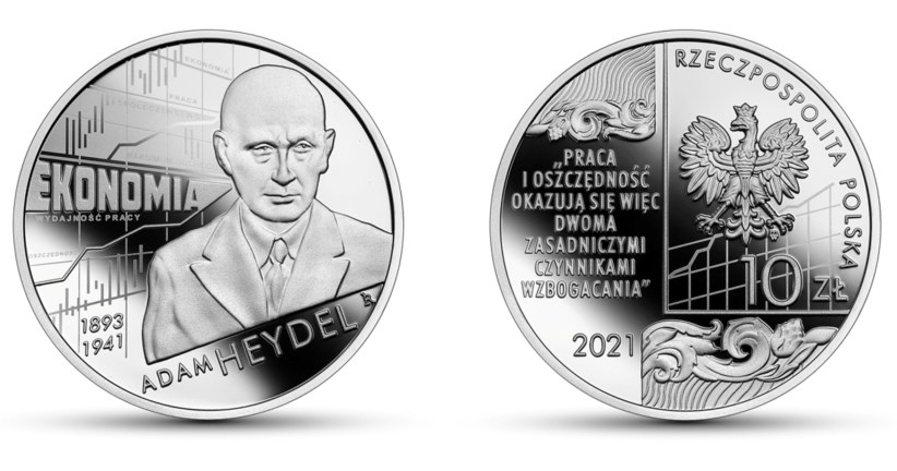 Moneta kolekcjonerska NBP: Wielcy polscy ekonomiści - Adam Heydel, 10 zł, rewers (L) i awers (P) /NBP