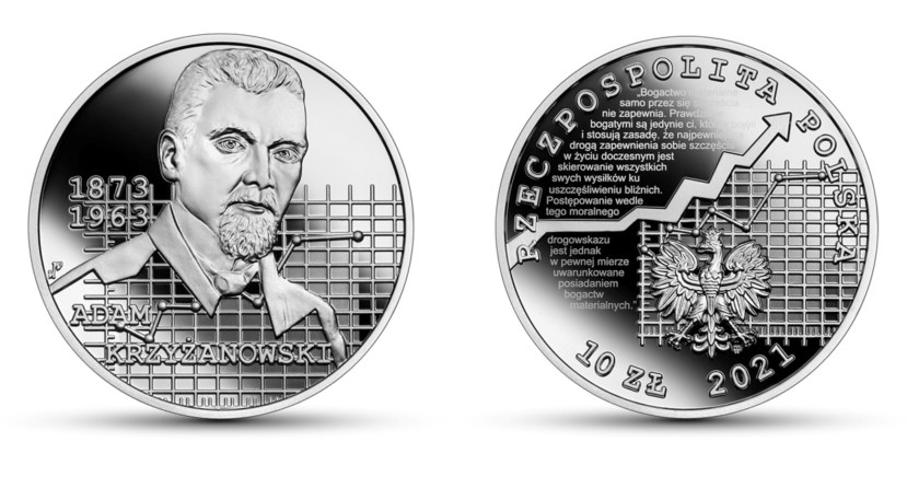 Moneta kolekcjonerska NBP: Wielcy polscy ekonomiści - Adam Krzyżanowski, 10 zł, rewers (L) i awers (P) /NBP