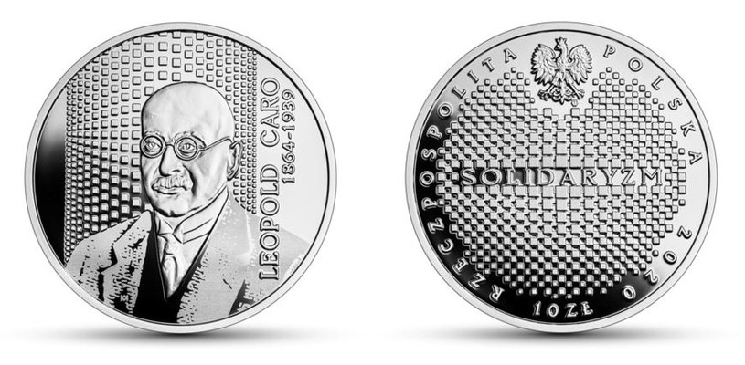 Moneta kolekcjonerska NBP: Wielcy polscy ekonomiści - Leopold Caro, 10 zł, rewers (L) i awers (P)