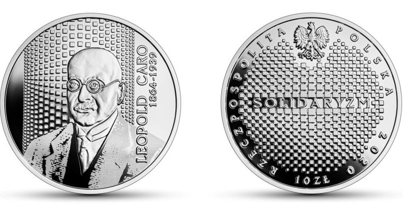Moneta kolekcjonerska NBP: Wielcy polscy ekonomiści - Leopold Caro, 10 zł, rewers (L) i awers (P)