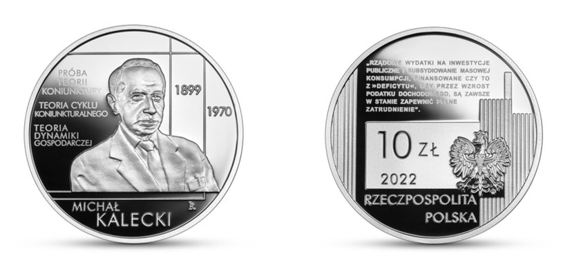 Moneta kolekcjonerska NBP: Wielcy polscy ekonomiści - Michał Kalecki, 10 zł, rewers (L) i awers (P) /NBP