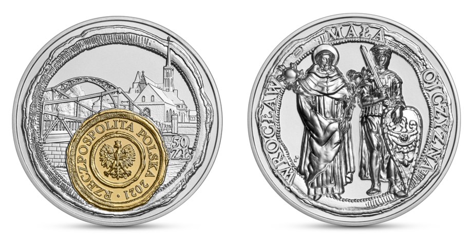 Moneta kolekcjonerska NBP: Wrocław - mała ojczyzna, 50 zł, awers (L) i rewers (P) /NBP
