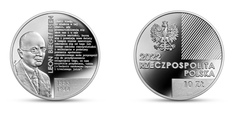 Moneta kolekcjonerska NBP z serii "Wielcy polscy ekonomiści" - Leon Biegeleisen, 10 zł, rewers (L) i awers (P) /NBP