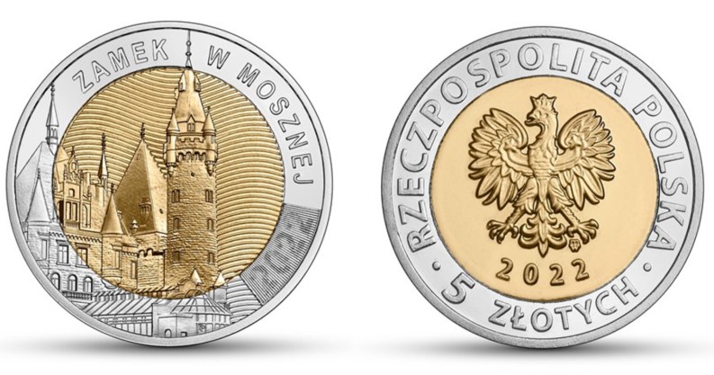 Moneta okolicznościowa NBP z serii "Odkryj Polskę" - "Zamek w Mosznej", rewers (L) i awers (P) /NBP
