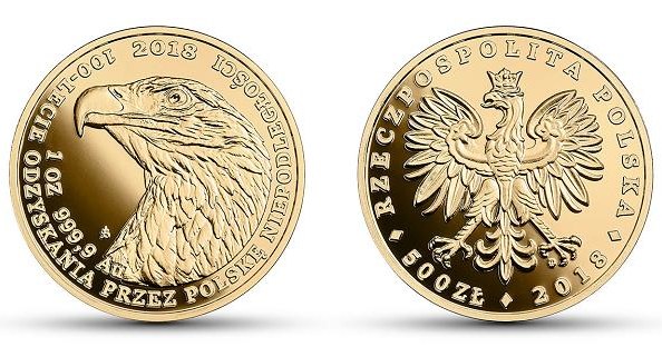 Moneta uncjowa Orzeł Bielik - 500 zł, rewers (L) i awers (P) /NBP